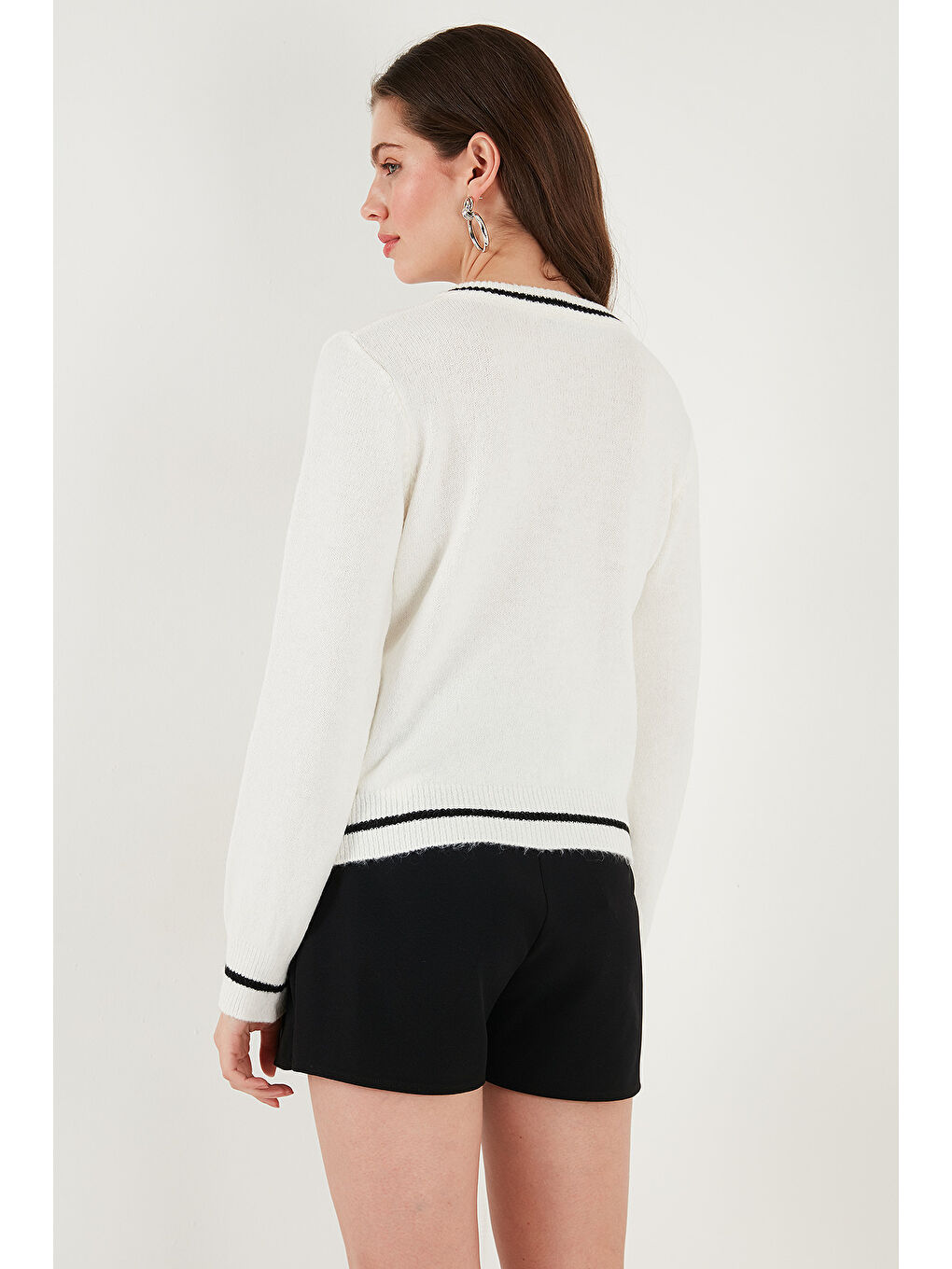 Ekru Premium Fitted Fit Bağlamalı Yaka Düğmeli Triko Hırka 680HI002408-6