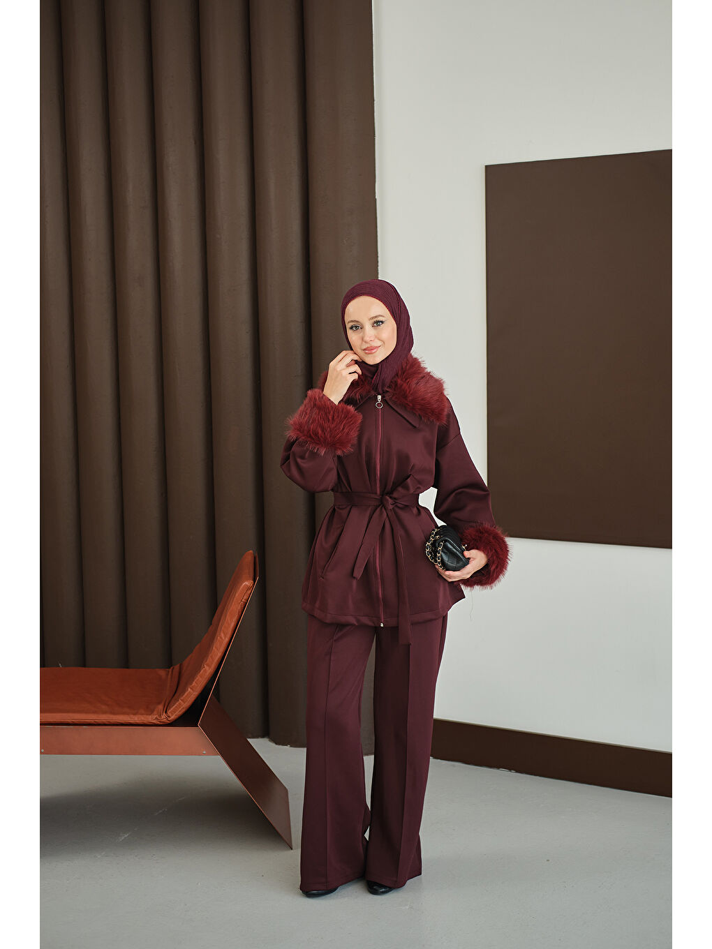 Kadın Kolları Ve Yakası Kürk Detay Takım Bordo-1