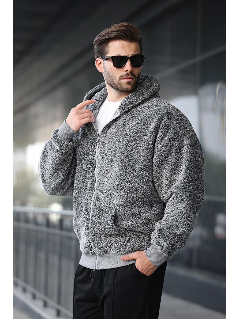 Gri Pelüş Over Fit Kapüşonlu  Erkek Fermuarlı Sweatshirt 6049-2