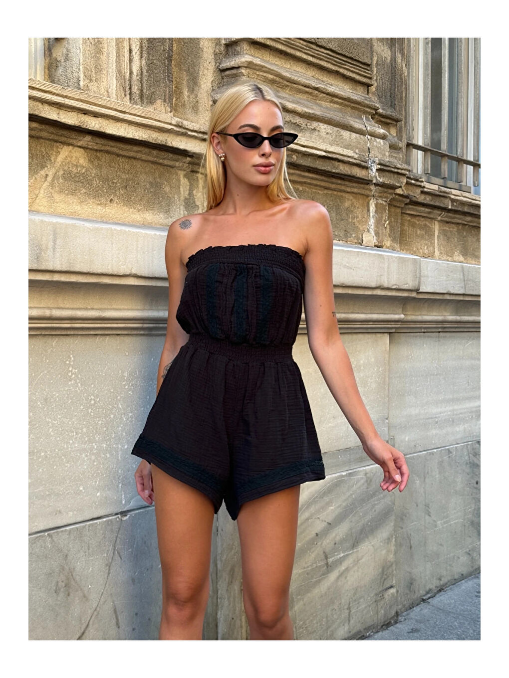 Kadın Siyah Beli Lastikli Straplez Tulum HZL25S-ZK11121