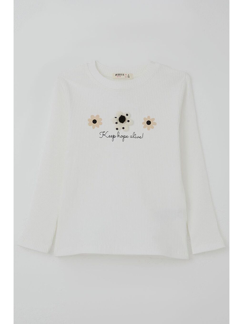 Kız Çocuk Uzun Kollu Tişört Çiçek Aplike Armalı Yazı Baskılı Beyaz (5-9 Yaş)