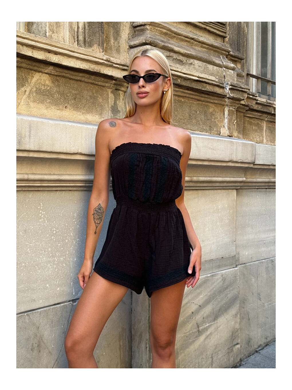 Kadın Siyah Beli Lastikli Straplez Tulum HZL25S-ZK11121-1