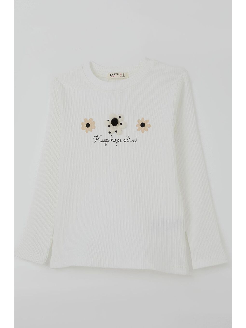 Kız Çocuk Uzun Kollu Tişört Çiçek Aplike Armalı Yazı Baskılı Beyaz (5-9 Yaş)-2