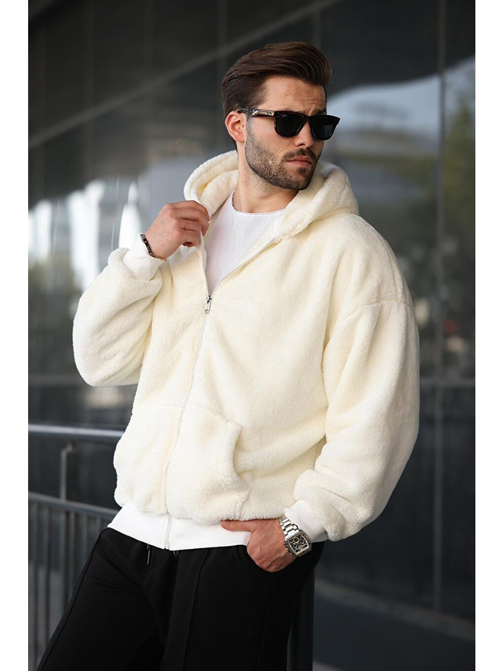 Ekru Pelüş Over Fit Kapüşonlu  Erkek Fermuarlı Sweatshirt 6049-2
