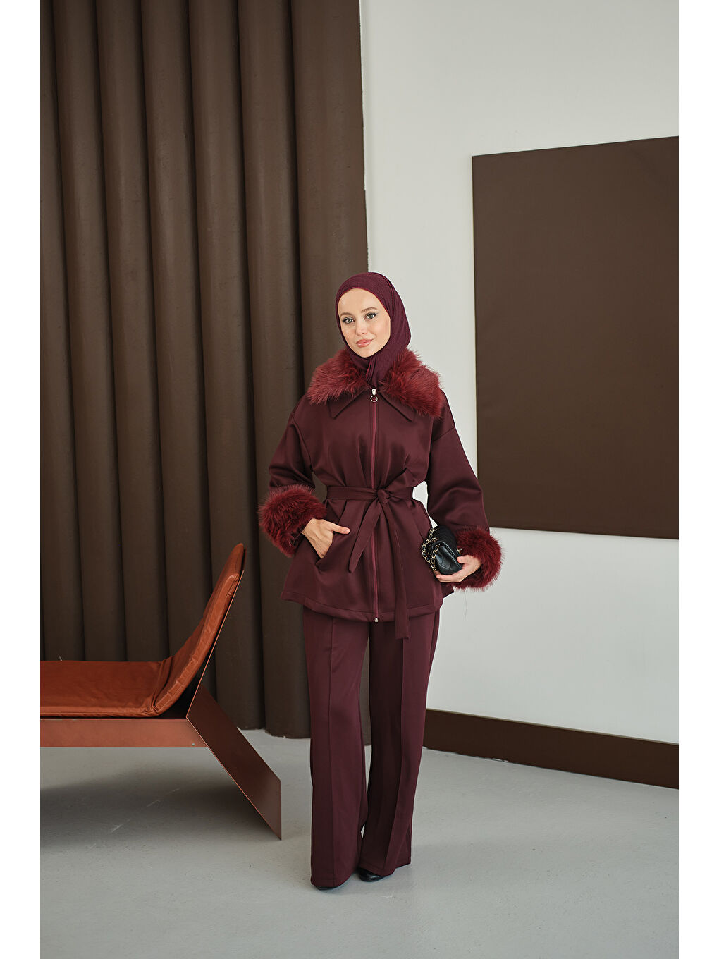 Kadın Kolları Ve Yakası Kürk Detay Takım Bordo-2