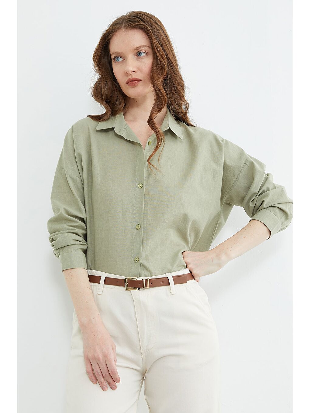 Haki Basic Keten Görünümlü Oversize Gömlek