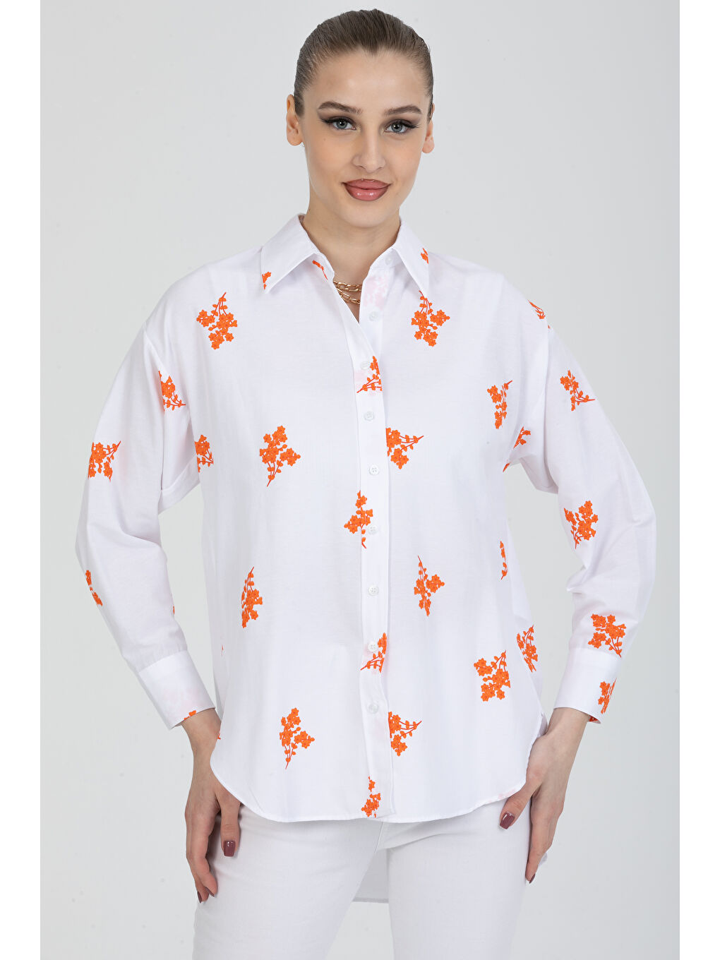 Turuncu Çiçek Baskılı Oversize Gömlek