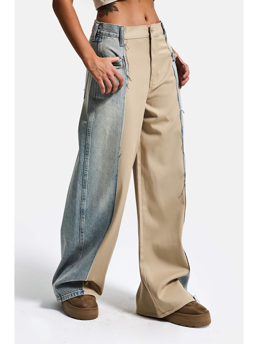 Kadın Bej Jean Rengi 4s6-57 Mega Baggy Fit Çift Parça Özel Tasarım Denim Jean
