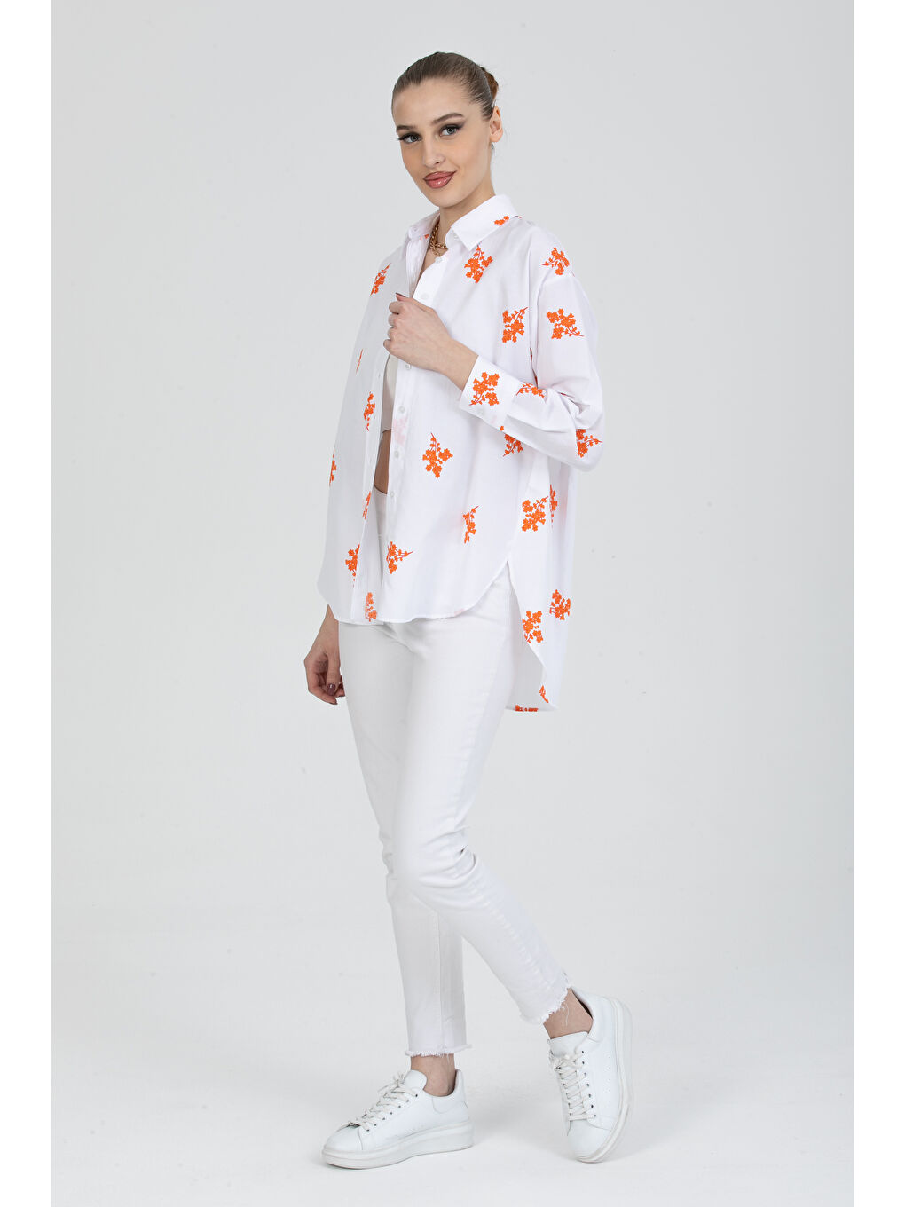 Turuncu Çiçek Baskılı Oversize Gömlek-1