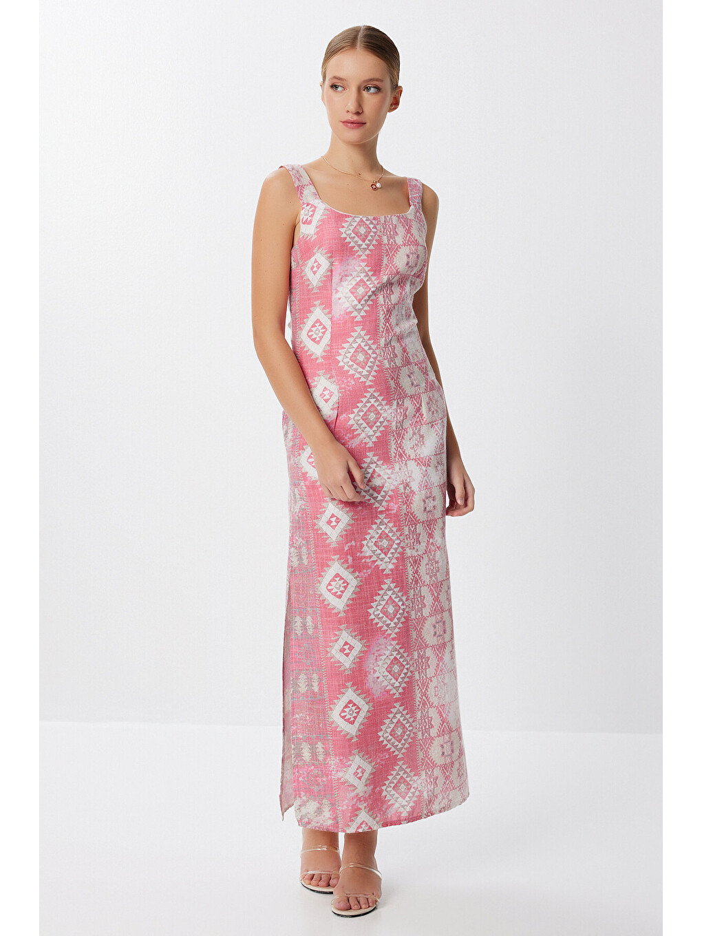 Pembe Askılı Desenli Yırtmaçlı Örme Elbise PEMBE LFF0035