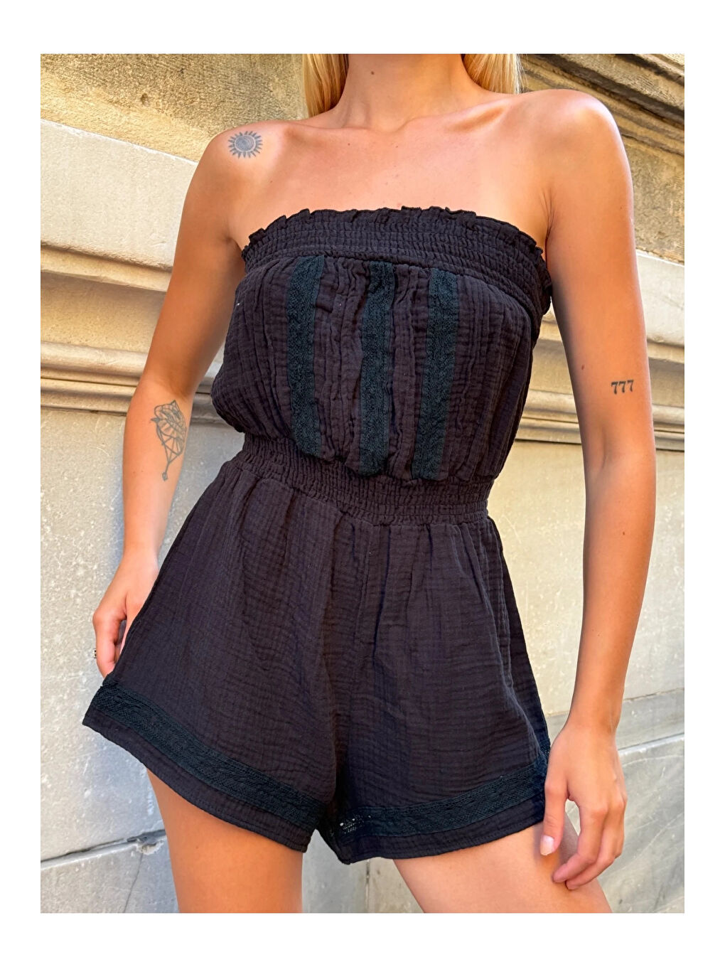 Kadın Siyah Beli Lastikli Straplez Tulum HZL25S-ZK11121-2