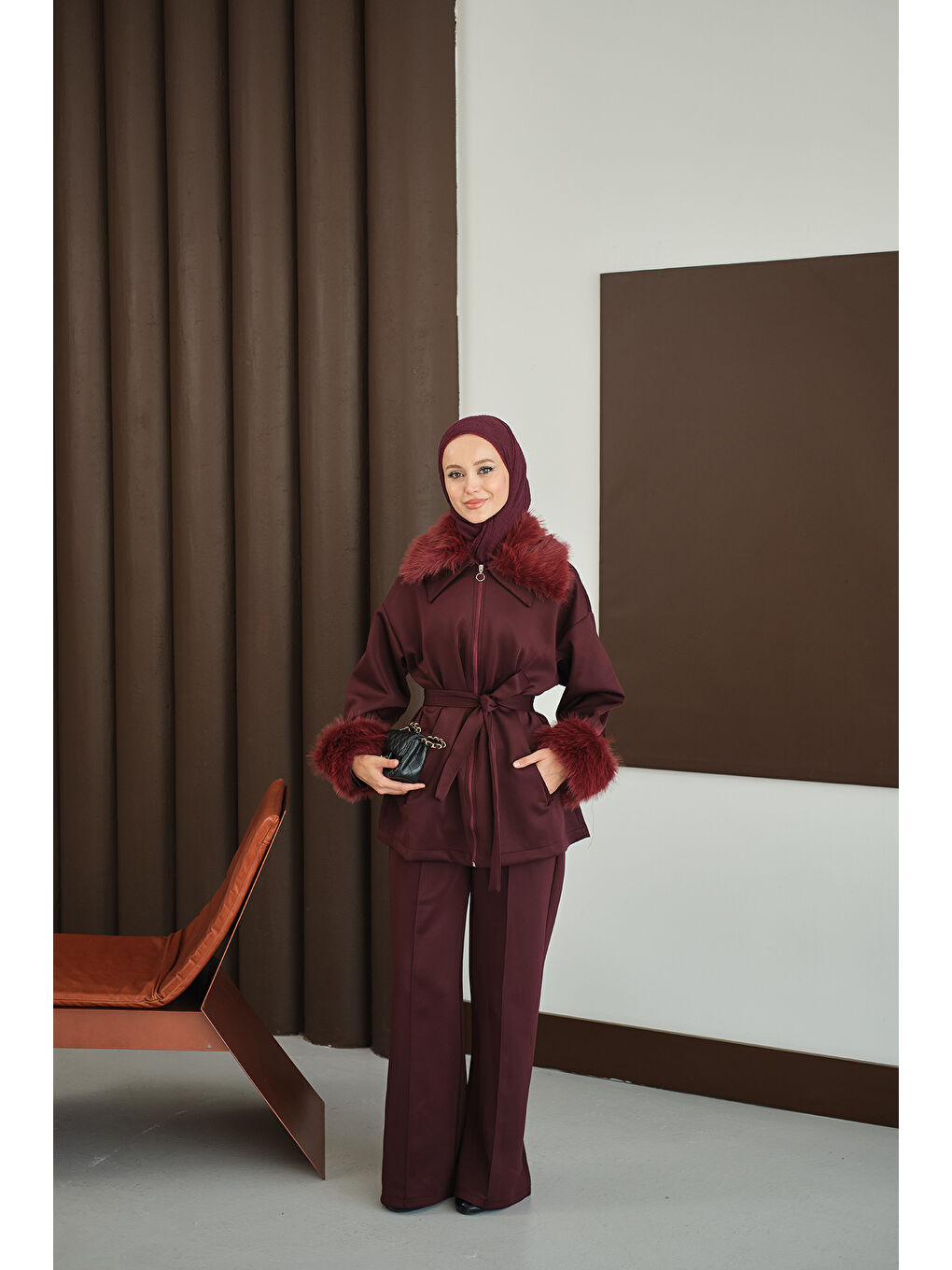 Kadın Kolları Ve Yakası Kürk Detay Takım Bordo-3