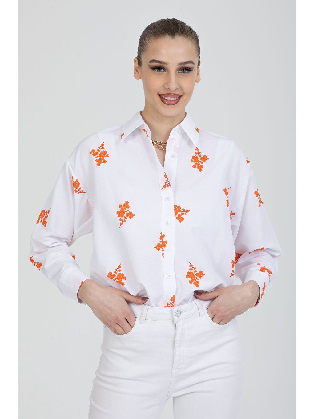 Turuncu Çiçek Baskılı Oversize Gömlek-2