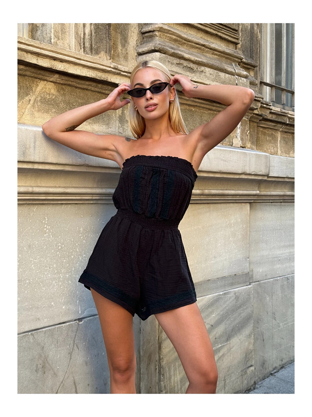 Kadın Siyah Beli Lastikli Straplez Tulum HZL25S-ZK11121-3