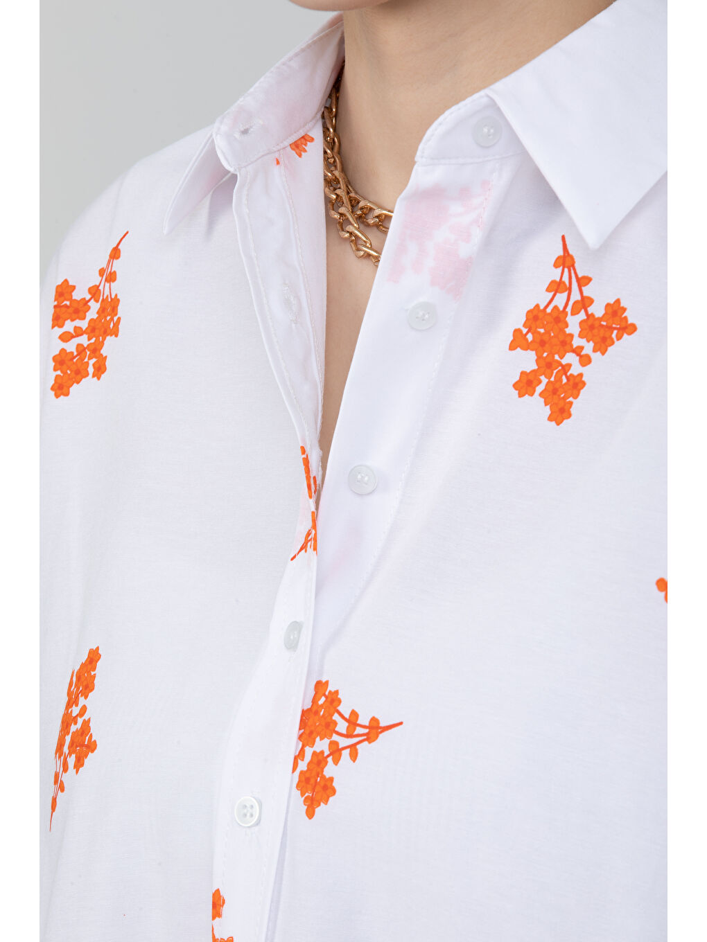 Turuncu Çiçek Baskılı Oversize Gömlek-3
