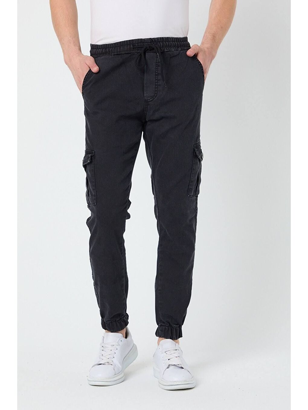 Gri Slim Fit None Denim Yandan Cepli Bel Bağcıklı, Paçaları Lastikli Erkek Kargo Pantolon