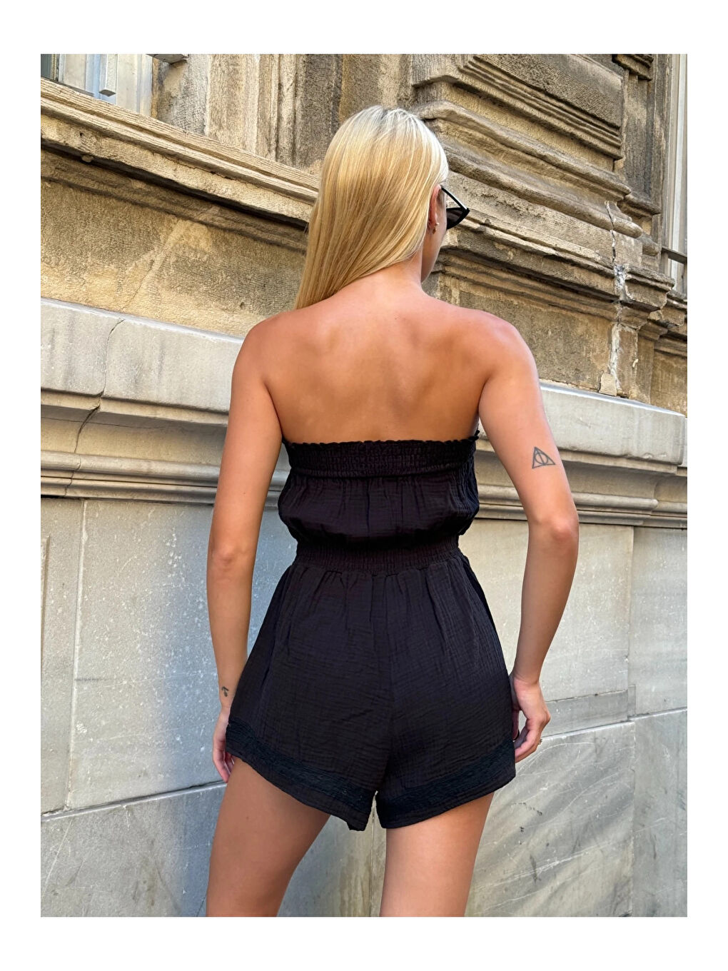 Kadın Siyah Beli Lastikli Straplez Tulum HZL25S-ZK11121-4