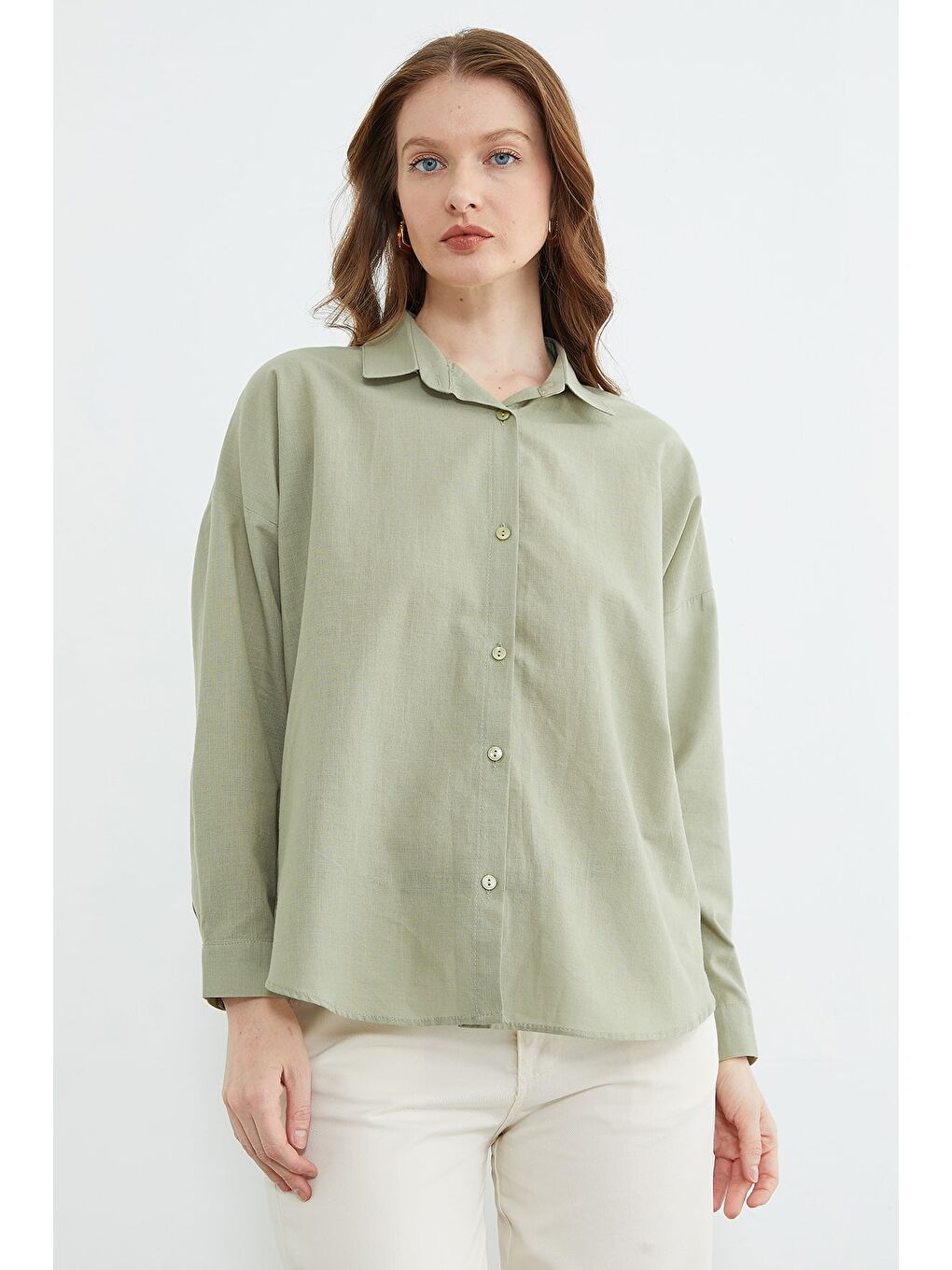 Haki Basic Keten Görünümlü Oversize Gömlek-1