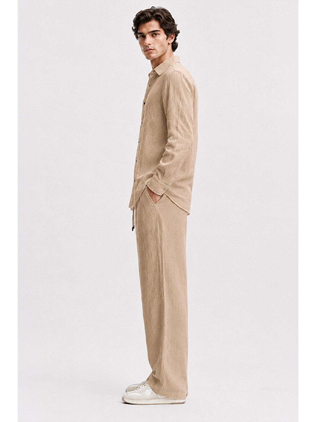 Erkek Bej Regular Fit Müslin Pantolon-3