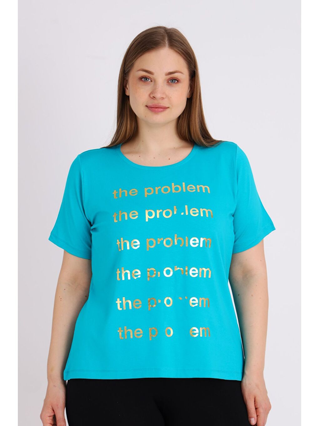 Turkuaz Kadın Büyük Beden Kısa Kollu Baskılı T-shirt