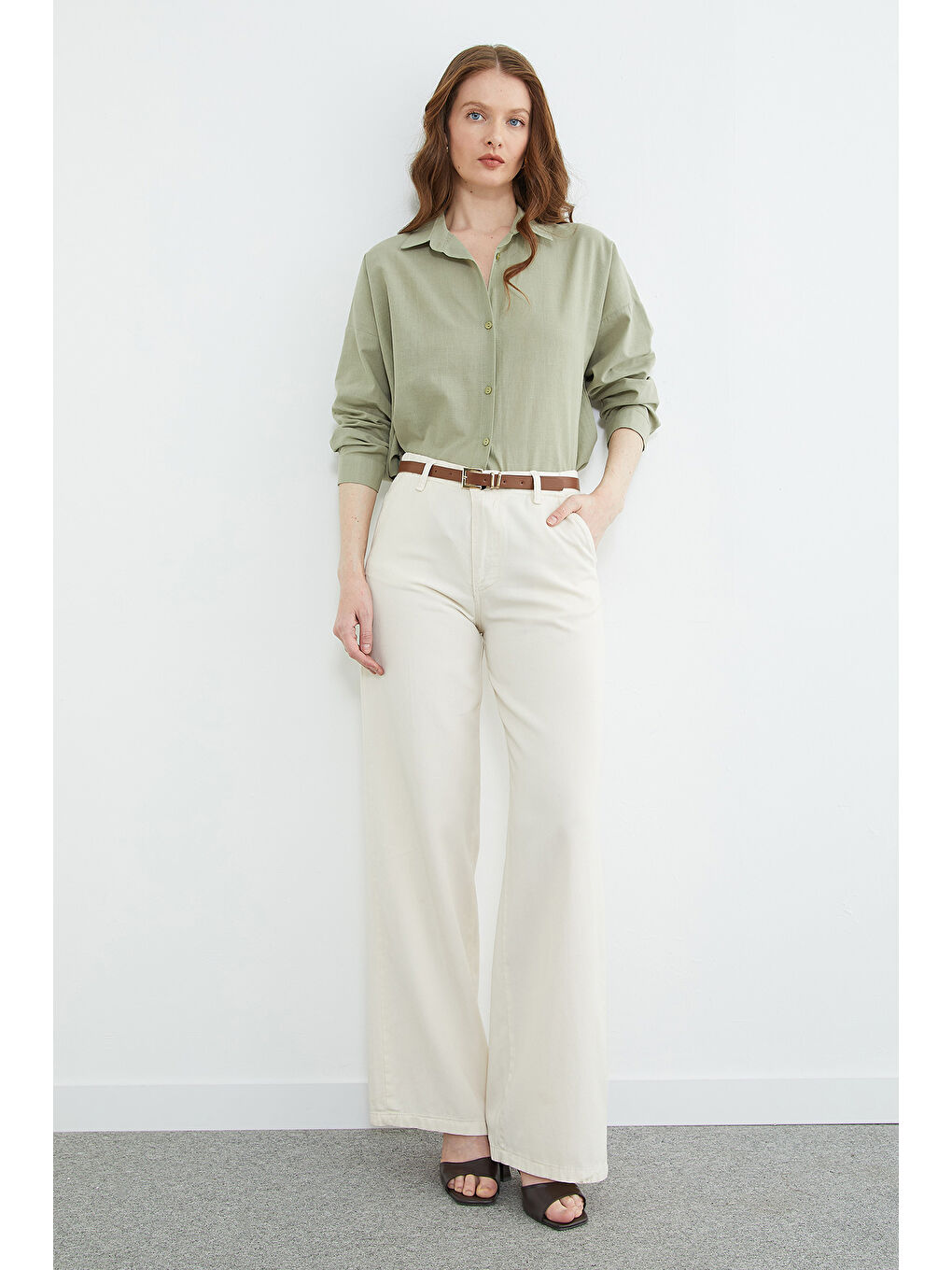 Haki Basic Keten Görünümlü Oversize Gömlek-2