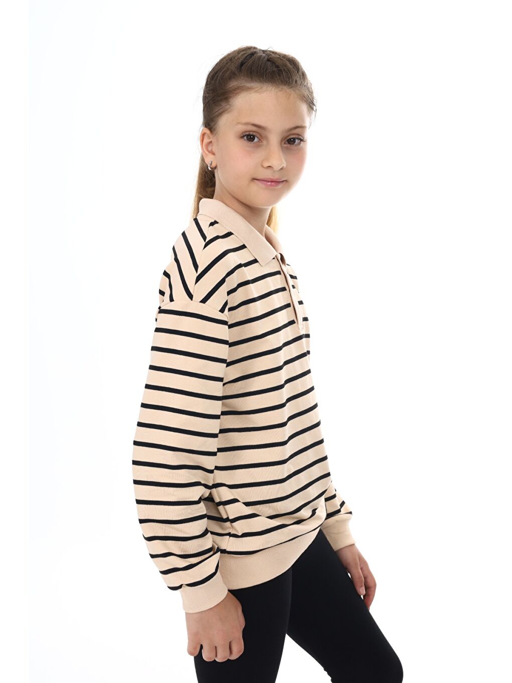 Bej Kız Çocuk Çizgili Sweatshirt-1