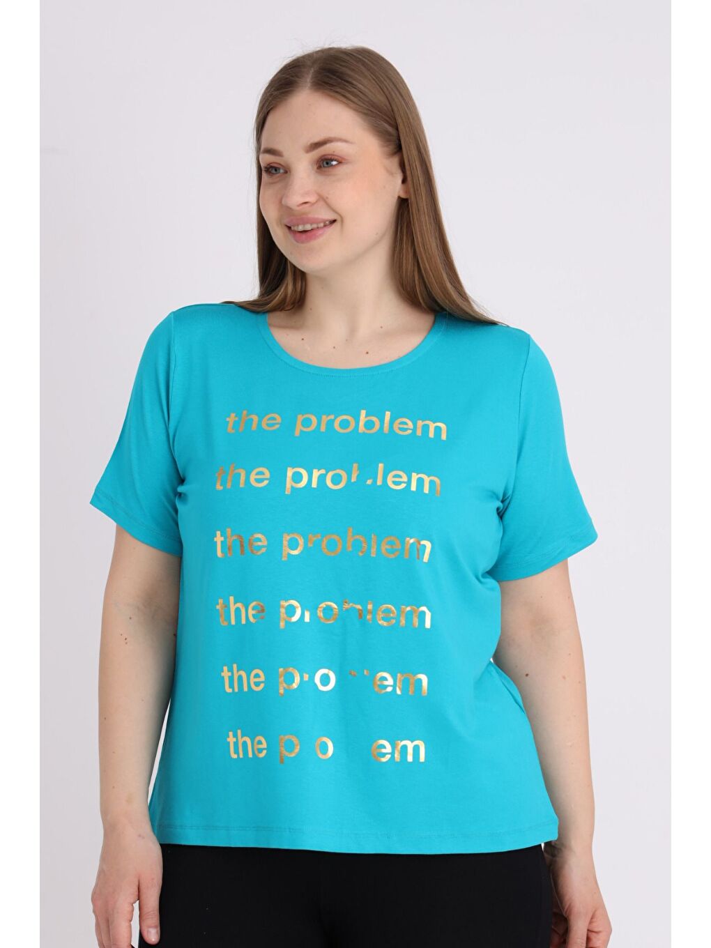 Turkuaz Kadın Büyük Beden Kısa Kollu Baskılı T-shirt-1