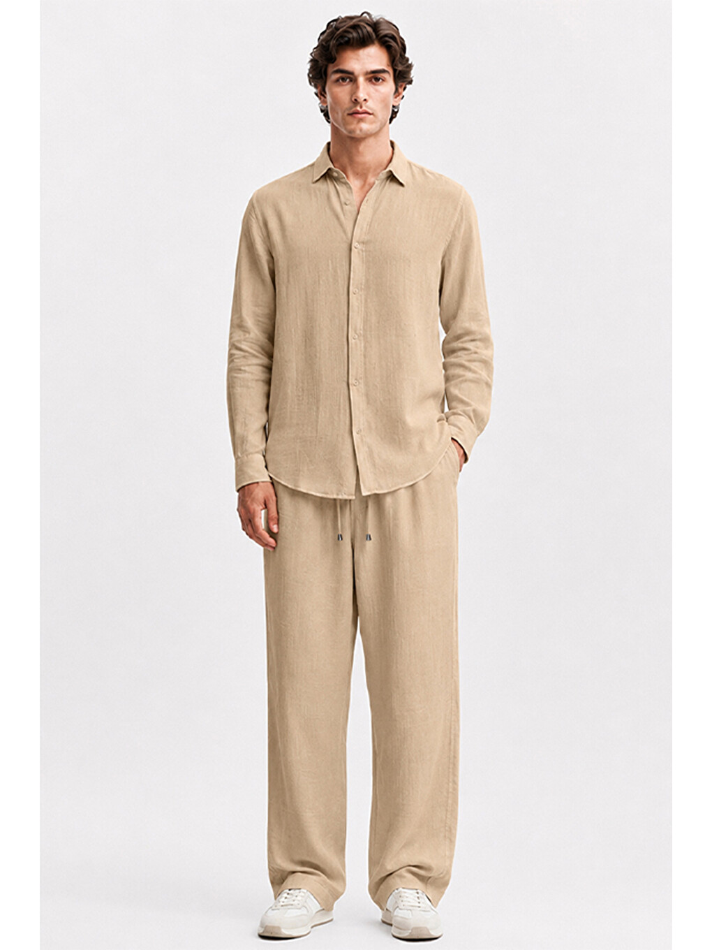 Erkek Bej Regular Fit Müslin Pantolon-5