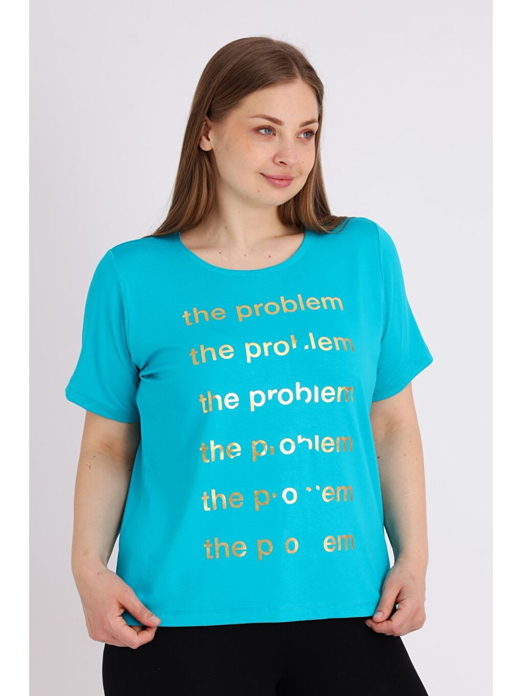 Turkuaz Kadın Büyük Beden Kısa Kollu Baskılı T-shirt-2