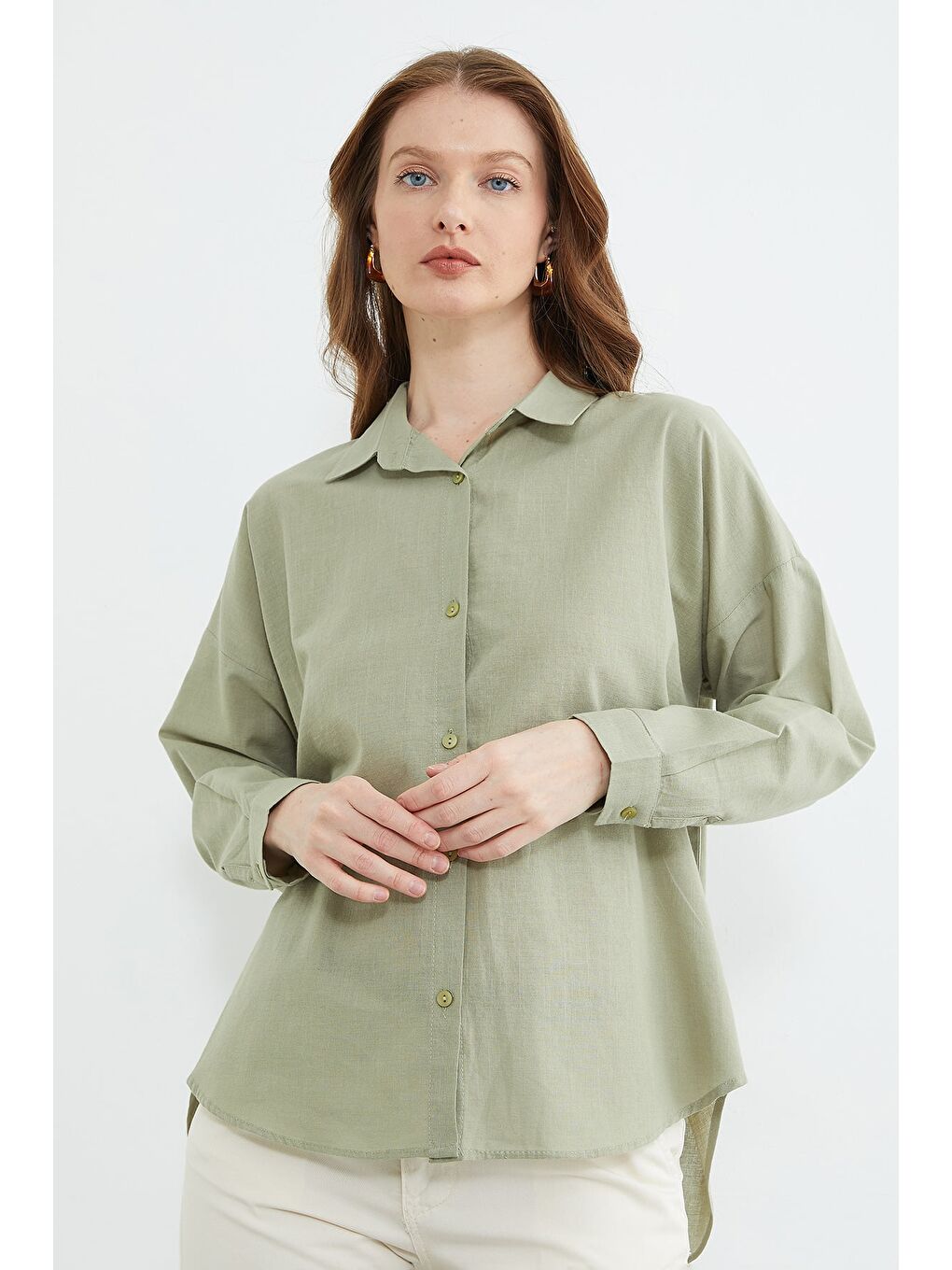 Haki Basic Keten Görünümlü Oversize Gömlek-3