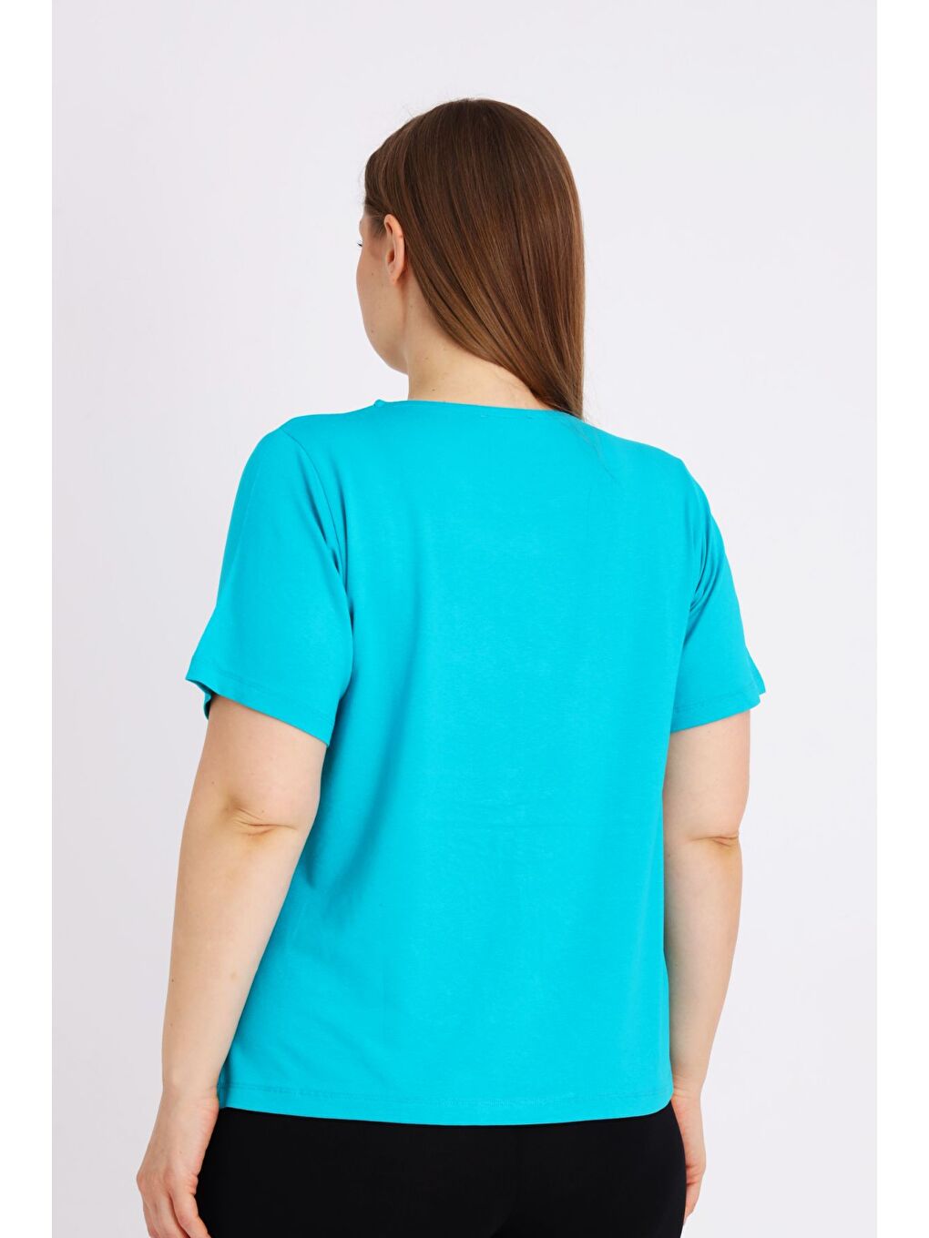 Turkuaz Kadın Büyük Beden Kısa Kollu Baskılı T-shirt-3