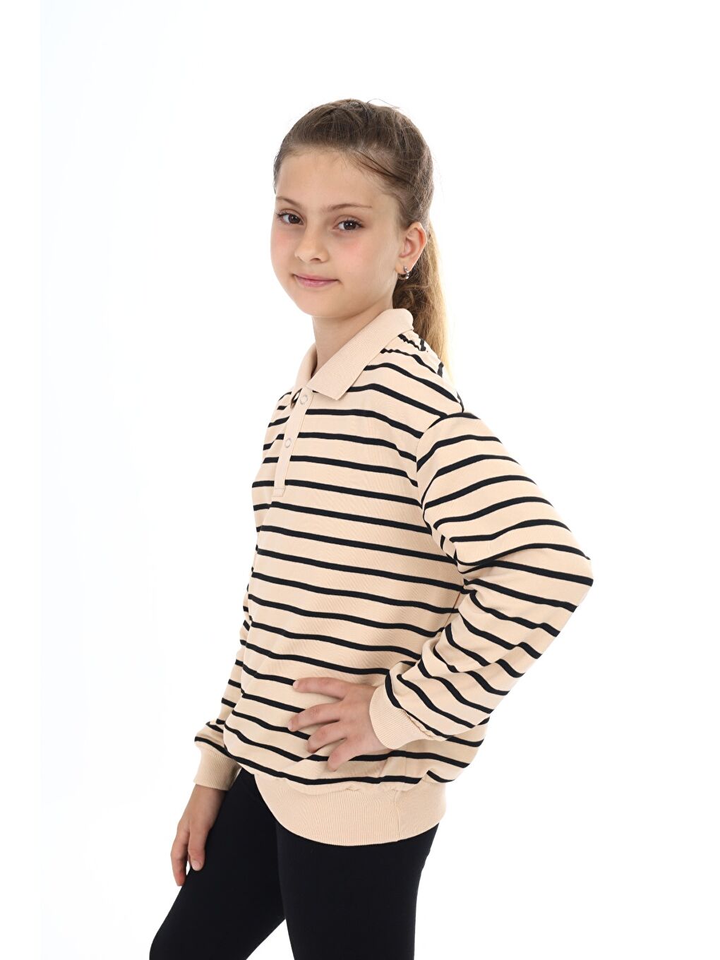 Bej Kız Çocuk Çizgili Sweatshirt-2