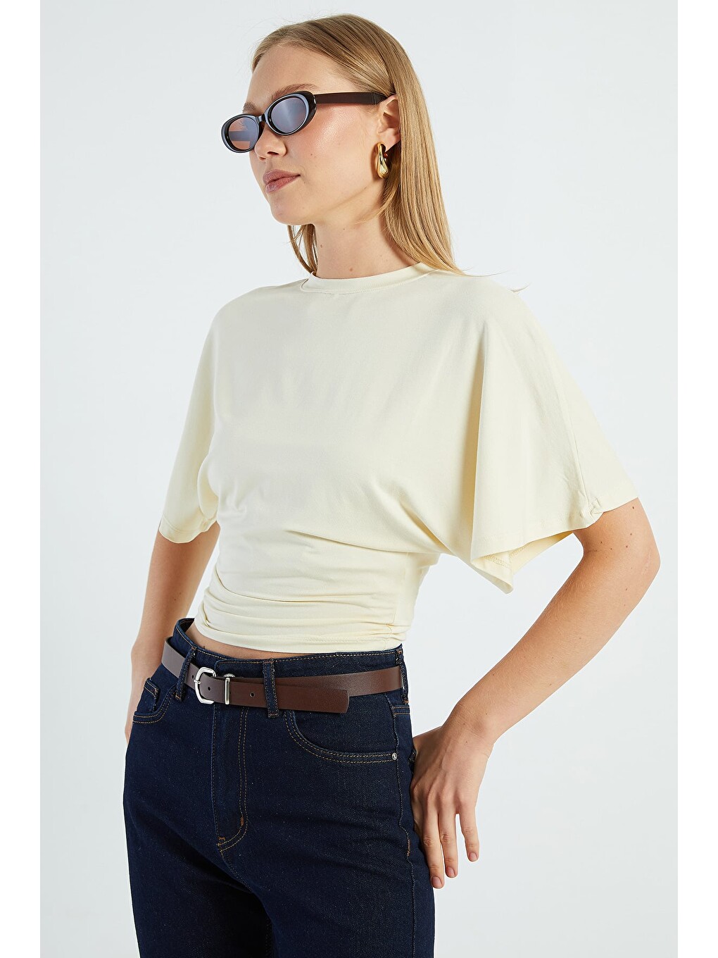 Sarı Yarasa Kol Bisiklet Yaka Crop Bluz-2