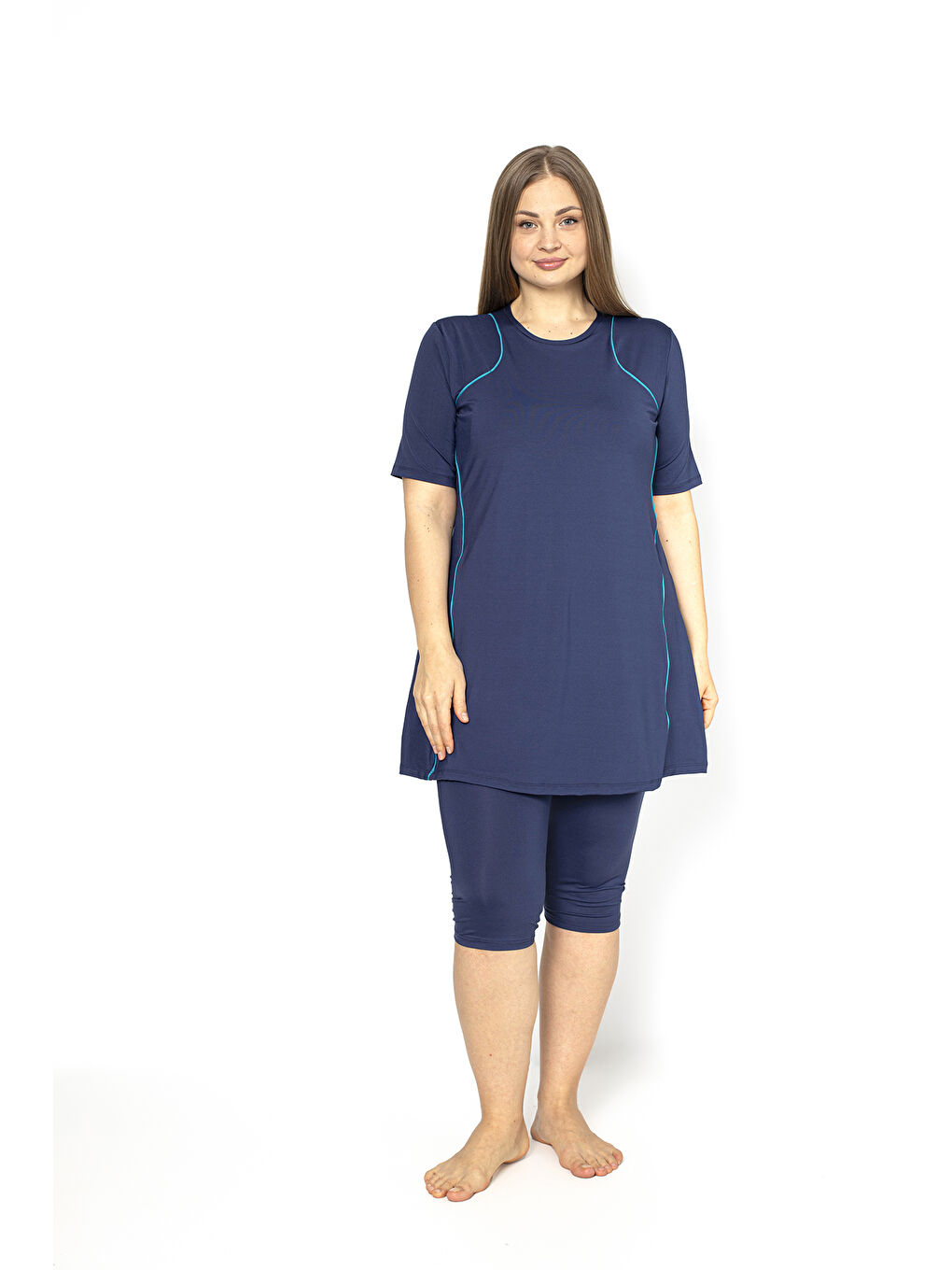 Lacivert Kısa Kol Biyeli Büyük Beden Yarı Kapalı Mayo 4302-1