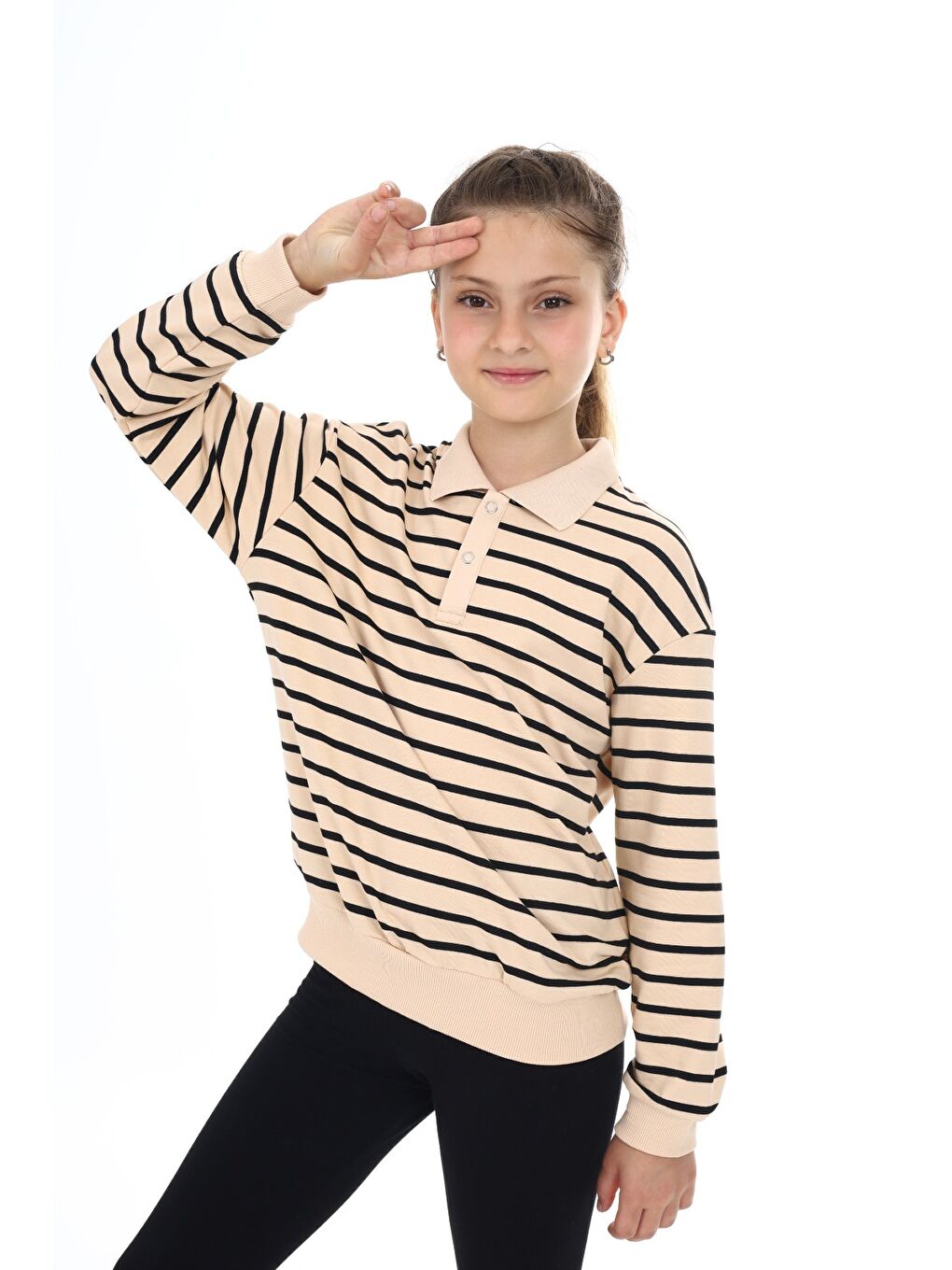 Bej Kız Çocuk Çizgili Sweatshirt-3