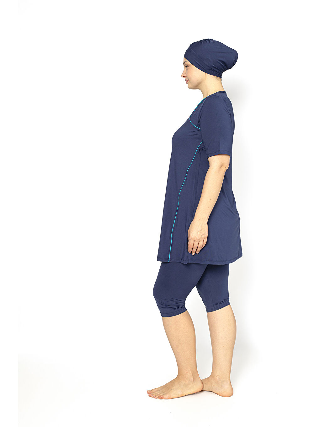 Lacivert Kısa Kol Biyeli Büyük Beden Yarı Kapalı Mayo 4302-4