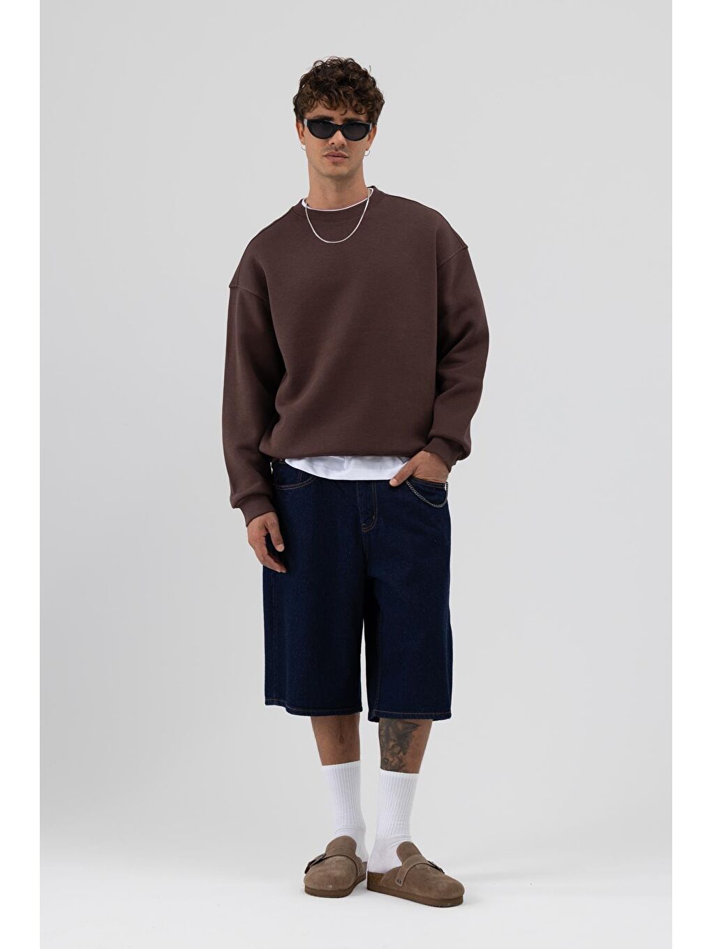 Kahverengi Basic Bisiklet Yaka Oversize Sweatshirt Kahve