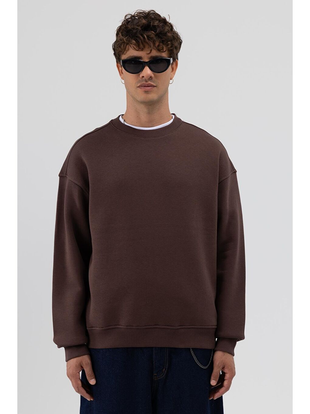 Kahverengi Basic Bisiklet Yaka Oversize Sweatshirt Kahve-2