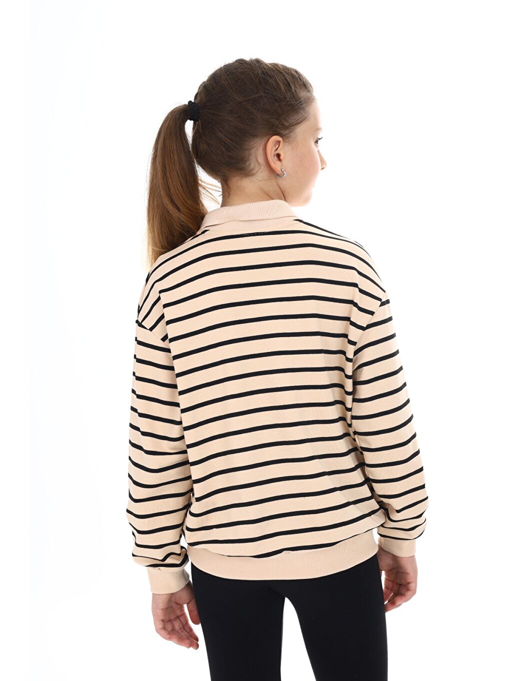 Bej Kız Çocuk Çizgili Sweatshirt-4