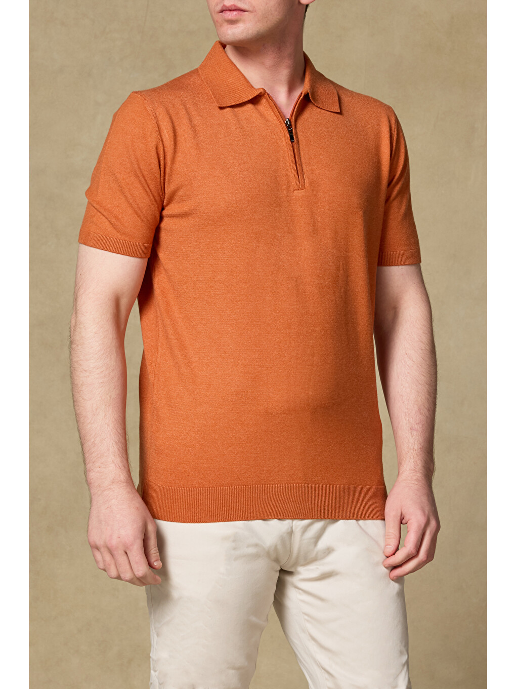 Mono Triko Örme Kaşmir Karışımlı Modern Fit Turuncu Polo Yaka Erkek Düz Polo Shirt