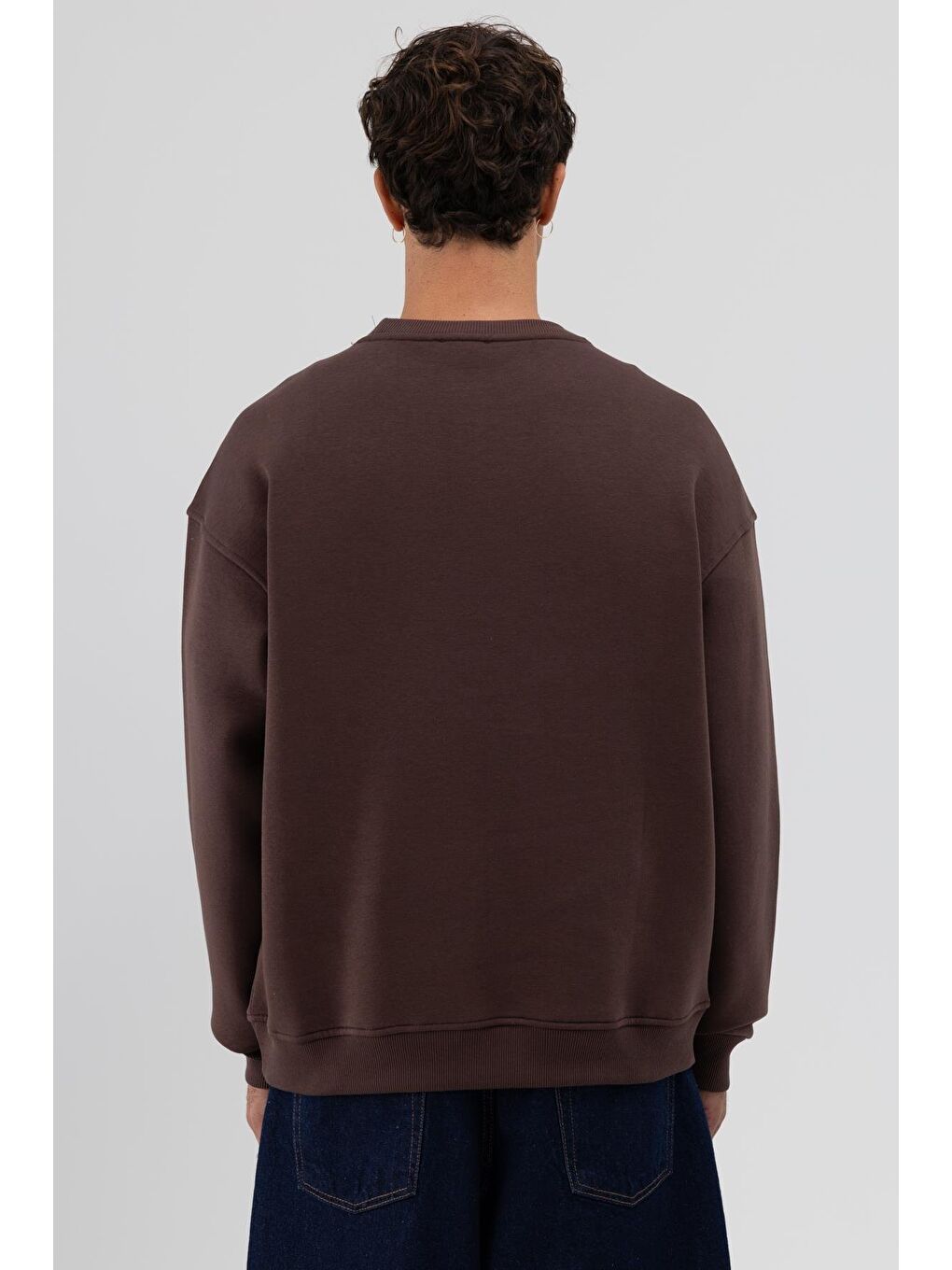 Kahverengi Basic Bisiklet Yaka Oversize Sweatshirt Kahve-5