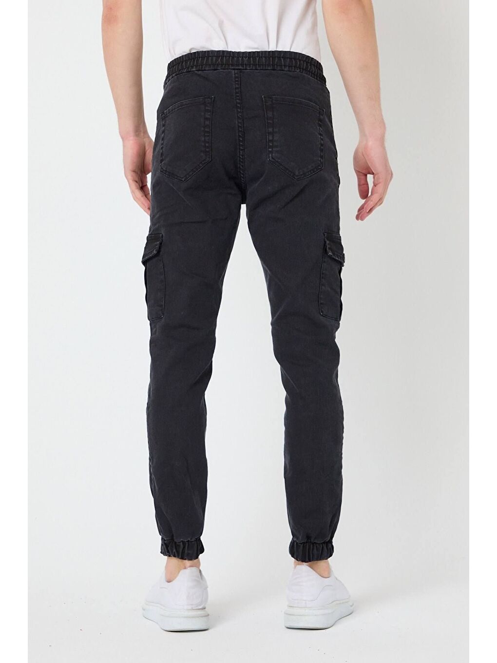 Gri Slim Fit None Denim Yandan Cepli Bel Bağcıklı, Paçaları Lastikli Erkek Kargo Pantolon-2