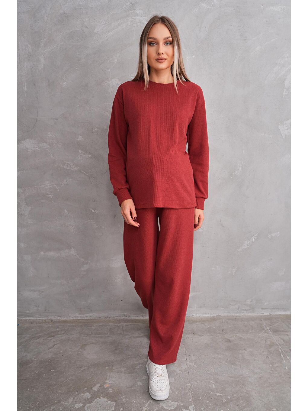 Kahverengi Kiremit Hamile ve Lohusa Bisiklet Yaka Waffle Kumaş Alt Üst Eşofman Takımı