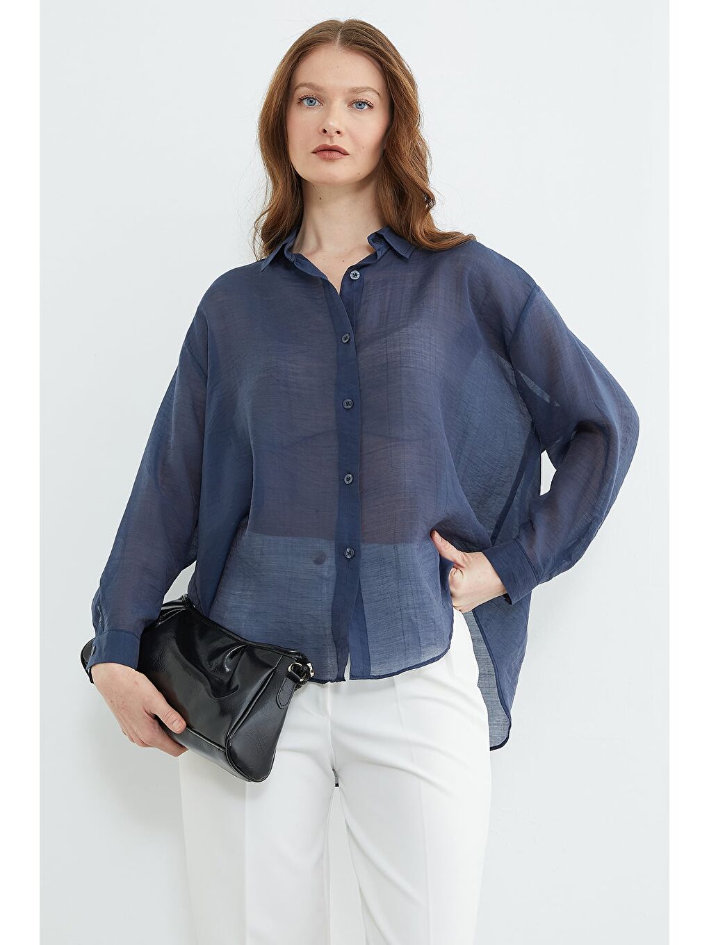 Lacivert Jakarlı Düğmeli Transparan Gömlek