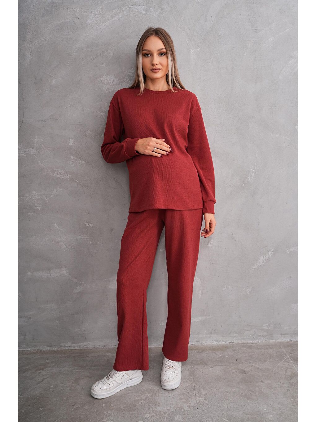 Kahverengi Kiremit Hamile ve Lohusa Bisiklet Yaka Waffle Kumaş Alt Üst Eşofman Takımı-1