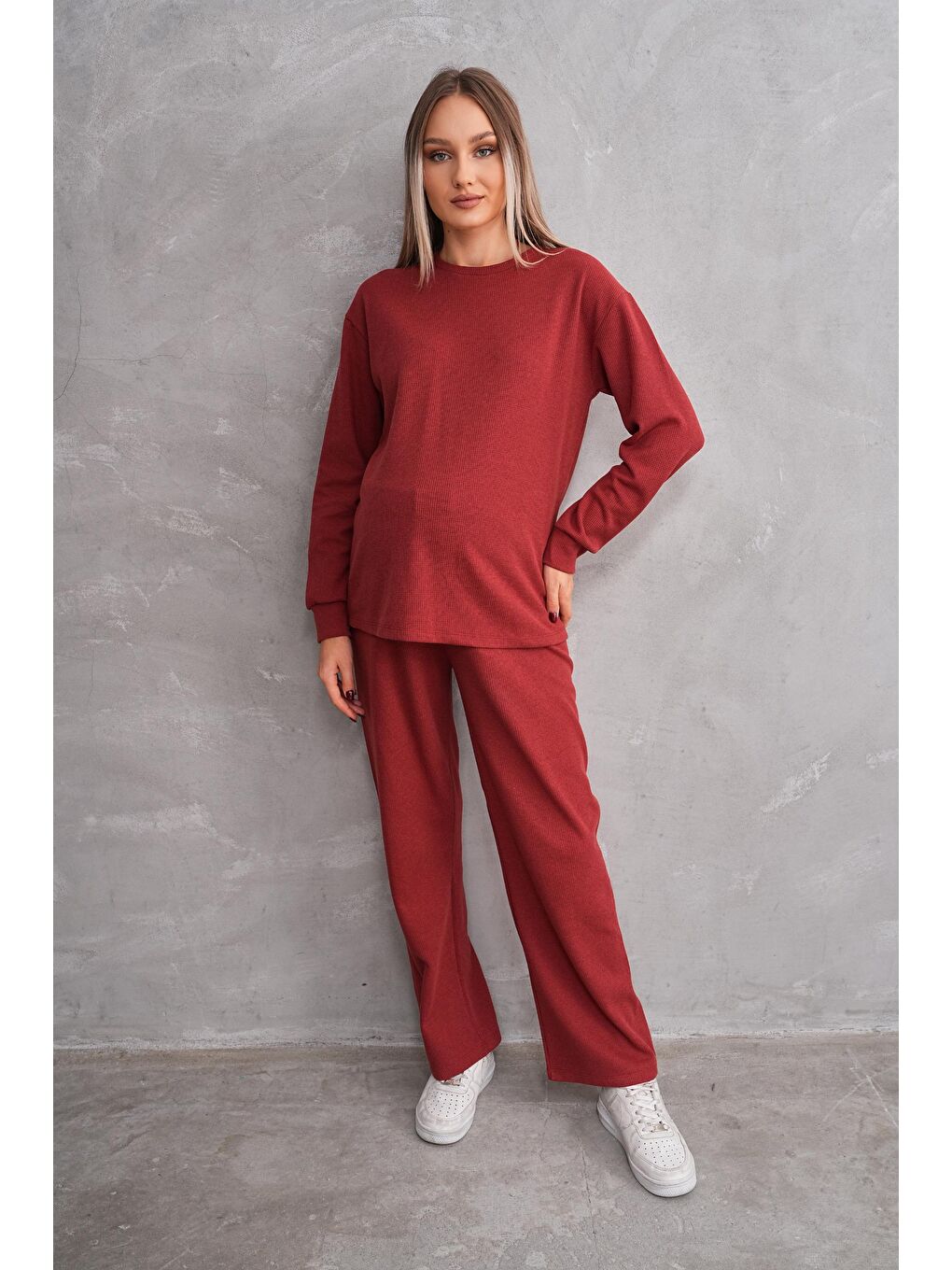 Kahverengi Kiremit Hamile ve Lohusa Bisiklet Yaka Waffle Kumaş Alt Üst Eşofman Takımı-2