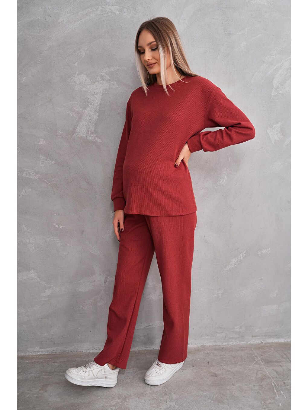 Kahverengi Kiremit Hamile ve Lohusa Bisiklet Yaka Waffle Kumaş Alt Üst Eşofman Takımı-3