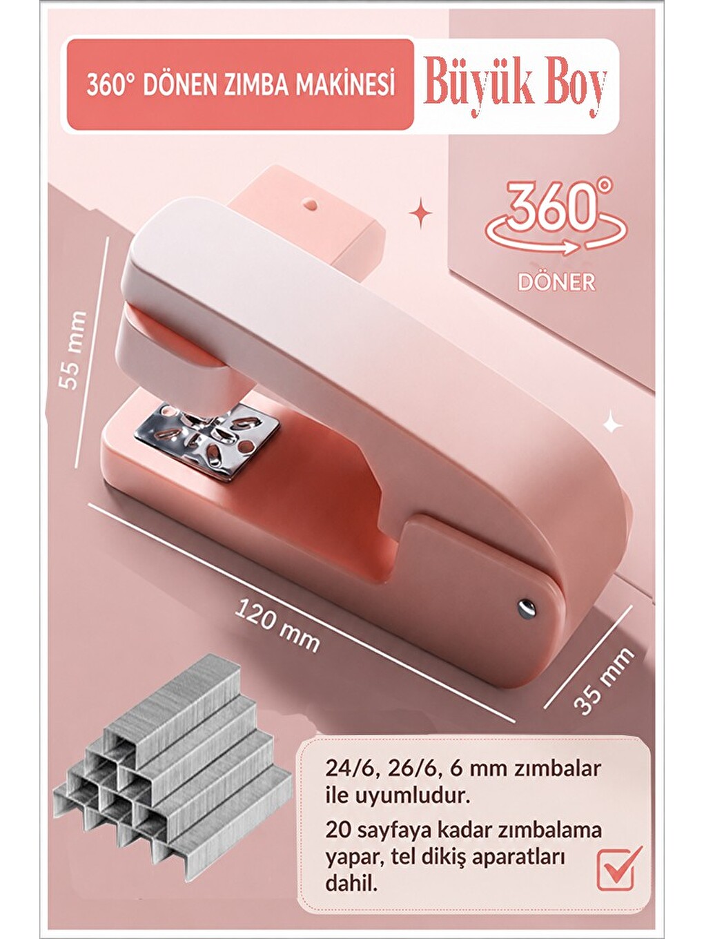 Zımba Makinesi 24/6 1 Adet P-4550 Pastel Renkler Büyük Zımba Makinası Ve Teli 20 25 Sayfa D