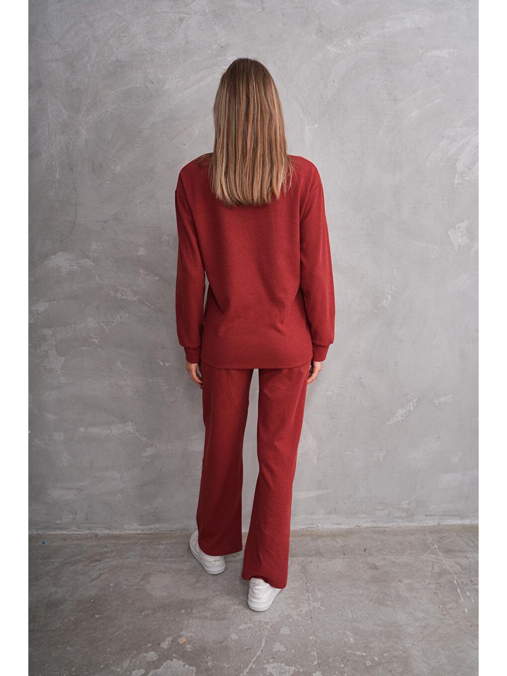 Kahverengi Kiremit Hamile ve Lohusa Bisiklet Yaka Waffle Kumaş Alt Üst Eşofman Takımı-5