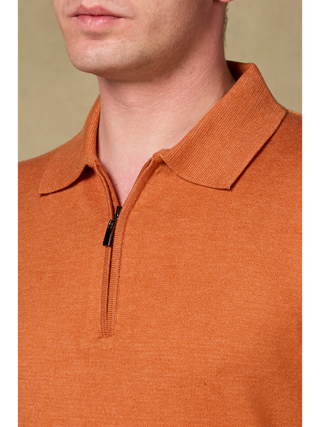 Mono Triko Örme Kaşmir Karışımlı Modern Fit Turuncu Polo Yaka Erkek Düz Polo Shirt-2